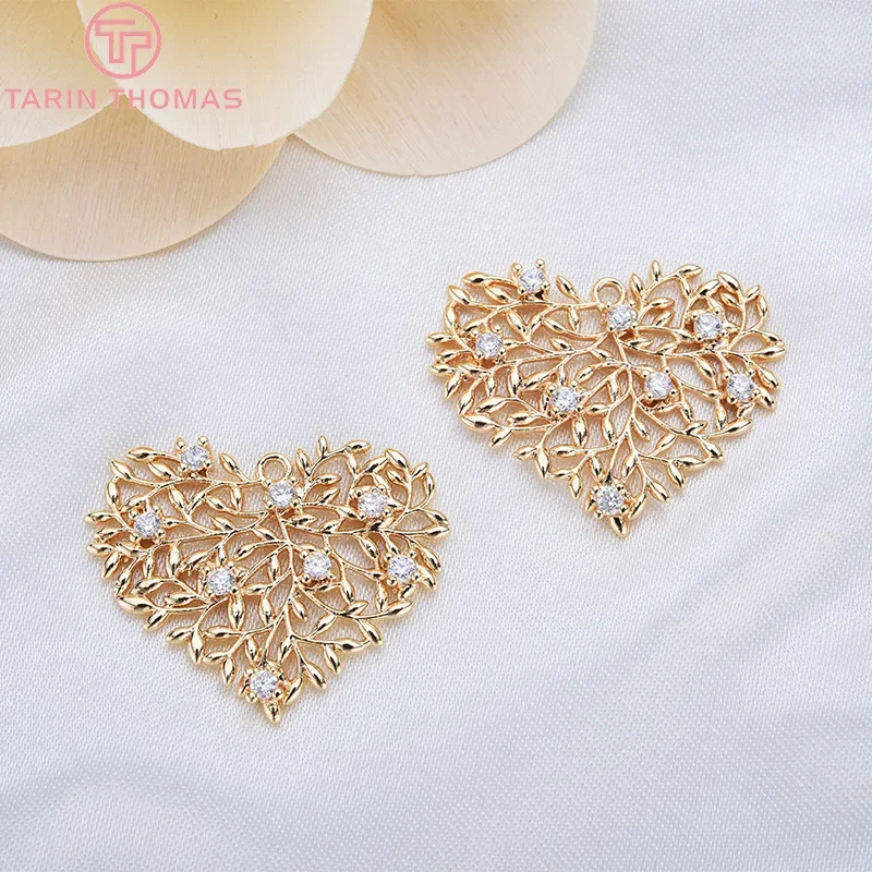 (139)4PCS 21x27MM 24K Champagne Gold Color Plated Brass with Zircon Heart Charms Pendants High Quality Diy Jewelry Accessories