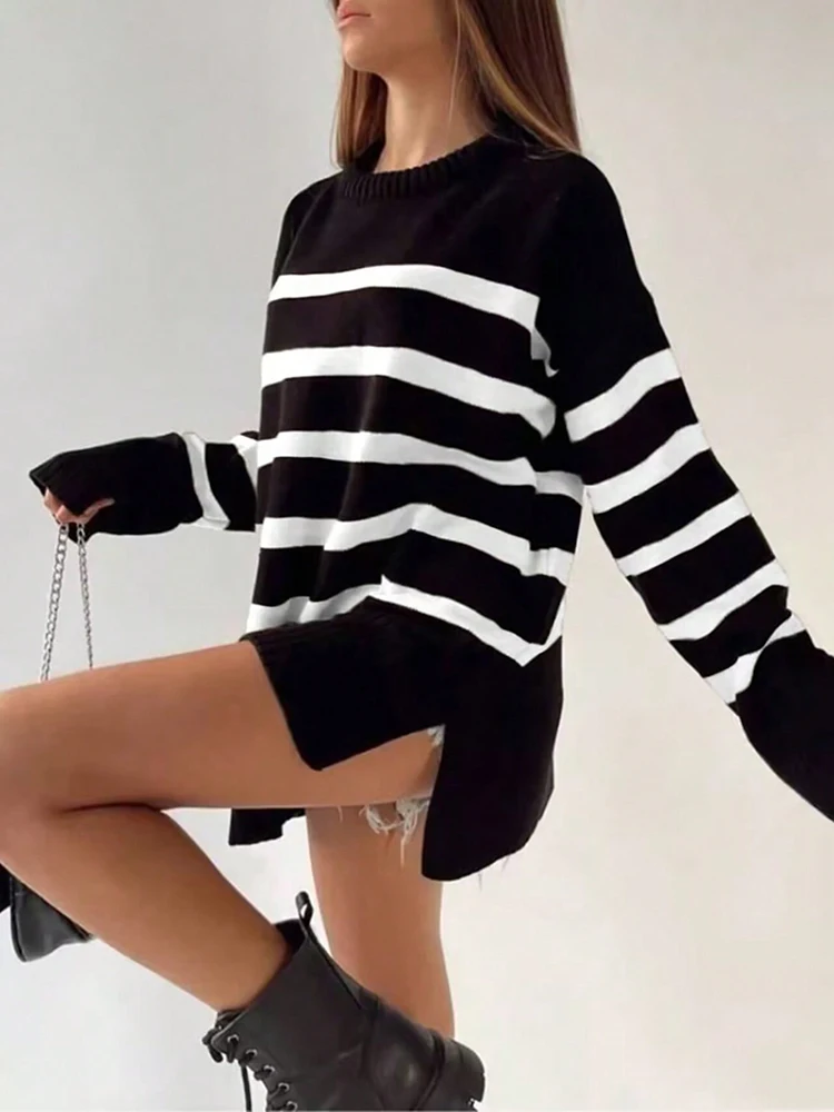 Khaki Striped Knitted Sweater Female Jumpers Long Sleeve Knitting Pullovers Women Pull Tops Autumn Winter White Loose Sweaters