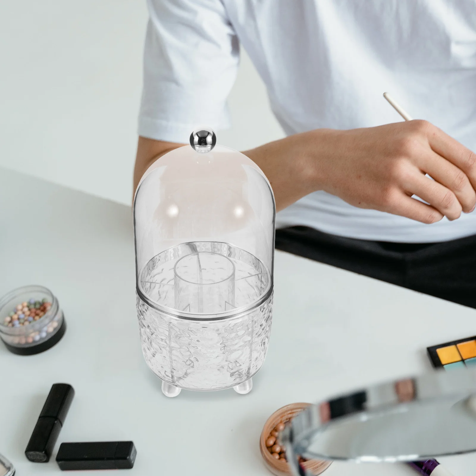 

Transparent Rotating Makeup Brush Storage Holder with Cover Organizer for Desk Bathroom Travel Use Desk Brush Organizer