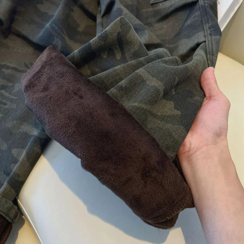 أمريكي خمر التمويه البضائع الجينز النساء الصوف سميكة السراويل الفضفاضة منخفضة الارتفاع متعددة جيوب التمهيد قطع صديقها الجينز لا حزام #3