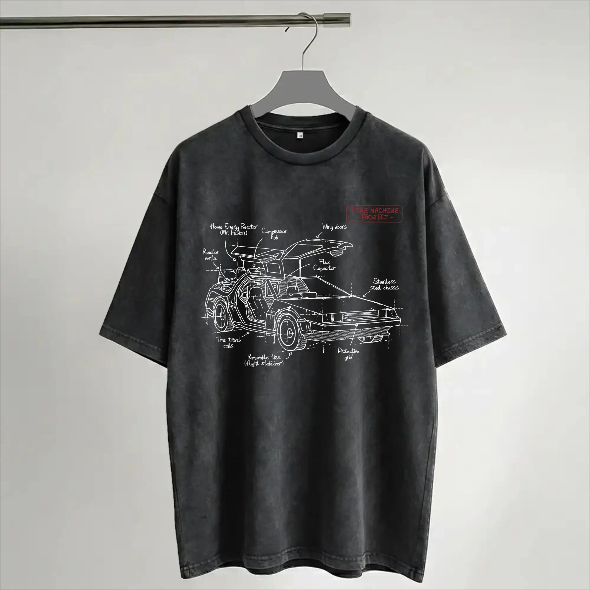 Harajuku Washed Shirts Back to the Future Time Machine Merch Vintage T Shirt Oversize  Streetwear Short Sleeve