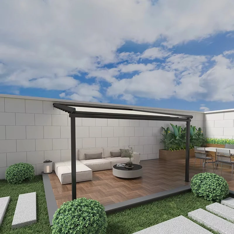DC Tent CT600 Modern Four-Season PVC Pergola Electric Operation Powder Coated Aluminum Frame Pressure Treated Wood Eco-Friendly