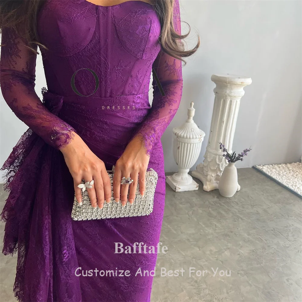 Mermaid Purple Lace Women Prom Dresses Customized Arabic Long Sleeves Slit Formal Evening Gowns Special Occasion Party Dress