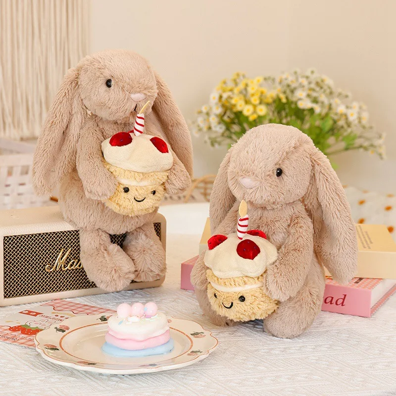 New Plush Rabbit Toy with Floral Ears and Cake-Holding Rabbit – Cute Decorative Doll, Soft Birthday Gift for Children