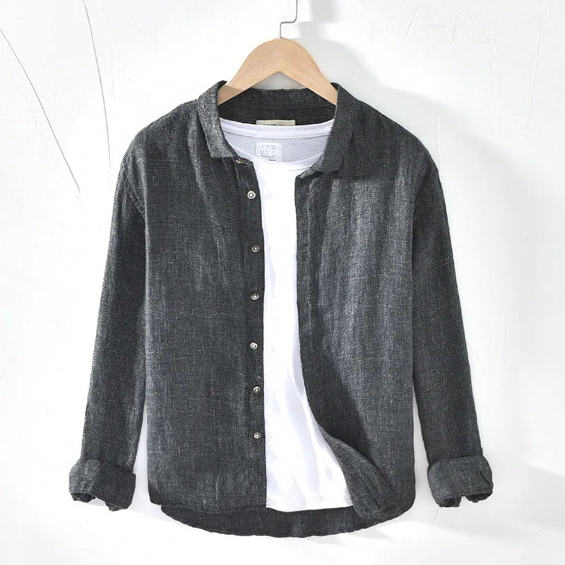 

Classic Solid 100% Linen Shirts Men Long-sleeved Casual Shirts Top Quality Pure Flax Dress Shirts Male Camisas Clothes -586