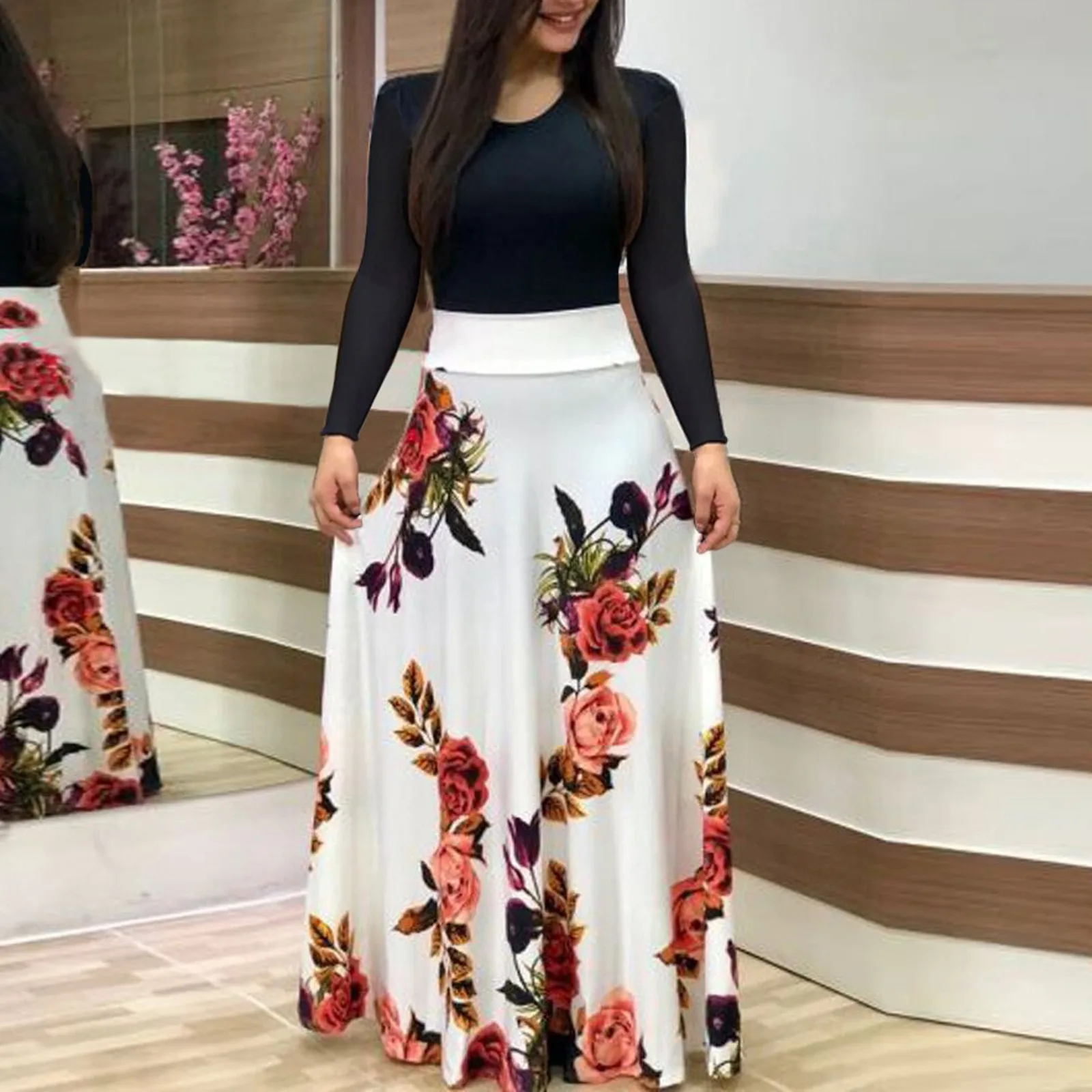 Womens Long Sleeve Floral Print Loose Wedding Holiday Party Splice Maxi Dresses Ropa De Mujer Vestidos Para Mujer платье женское