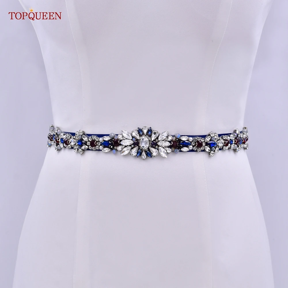 TOPQUEEN-S125 أحجار الراين فستان الزفاف حزام للنساء ، الشظية كريستال ، وشاح الزفاف ، الماس حزام الزفاف للفساتين ، اللون الأزرق الداكن