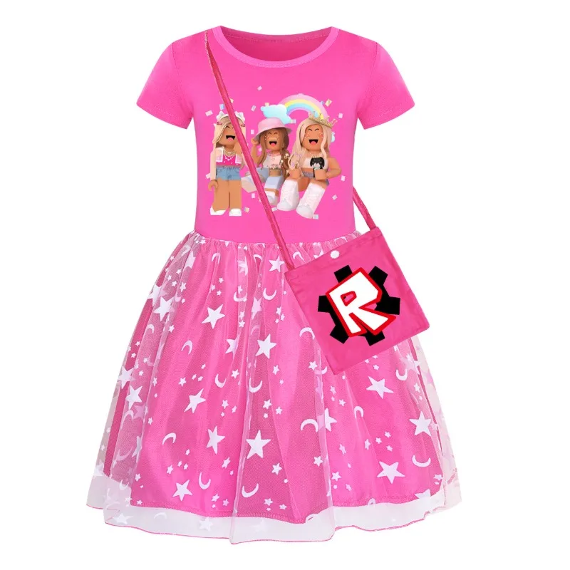 ROBLOX أزياء الفتيات فساتين الأميرة الوردي نجمة قوس قزح تنورة دانتيل تنحنح فساتين الحفلات لطيف + حقيبة لوازم ملابس الحفلات