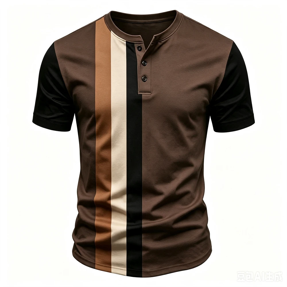 Business Casual Men's Henry T shirt Fashion Stripes Print Henry Collar Button Top Summer Loose Short Sleeve Tees Simple Clothing