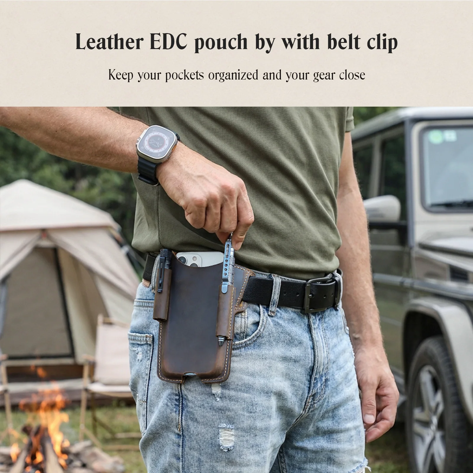 Hiram Multi-Functional Mobile Phone Waist Bag Cowhide EDC Tactical Belt Pouch Holster for Outdoor Camping Hiking Hunting Men