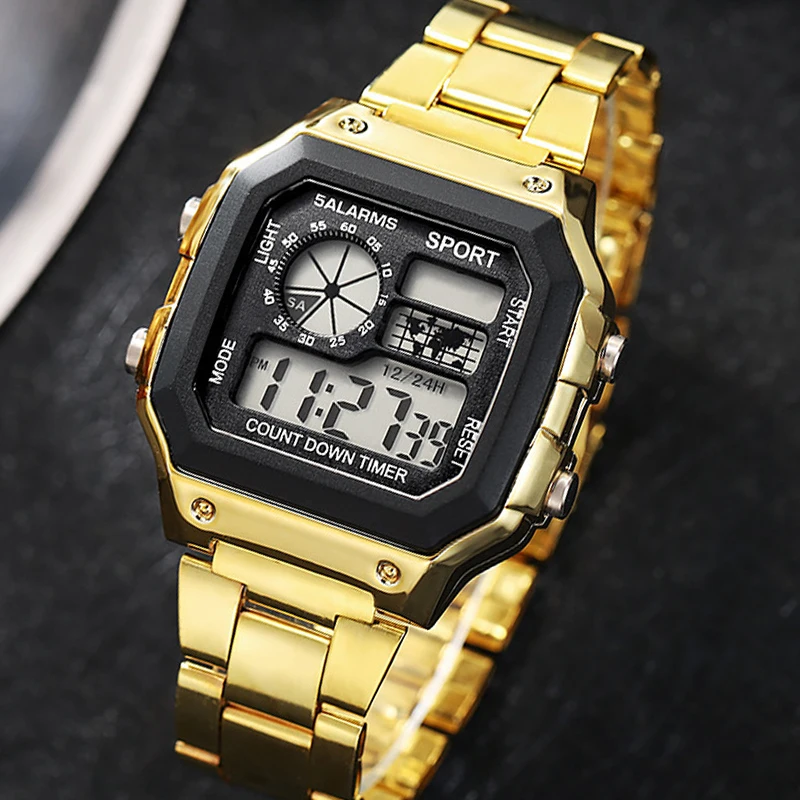 YIKAZE Digital Watches For Men Sports Waterproof Bracelet Clock Gold Electronice LED Wristwatch Man Casucal montre homme relogio