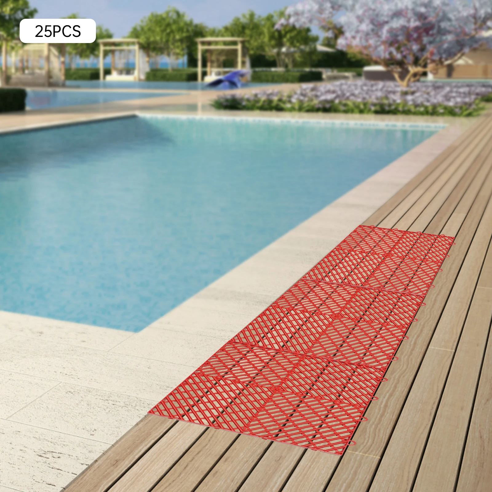 กระเบื้องประสาน 25 ชิ้นสีแดง, กระเบื้องระบายน้ํา 12x12x0.5 นิ้ว, กระเบื้องปูพื้นกลางแจ้งสําหรับสระว่ายน้ําห้องน้ําดาดฟ้าลานโรงรถ