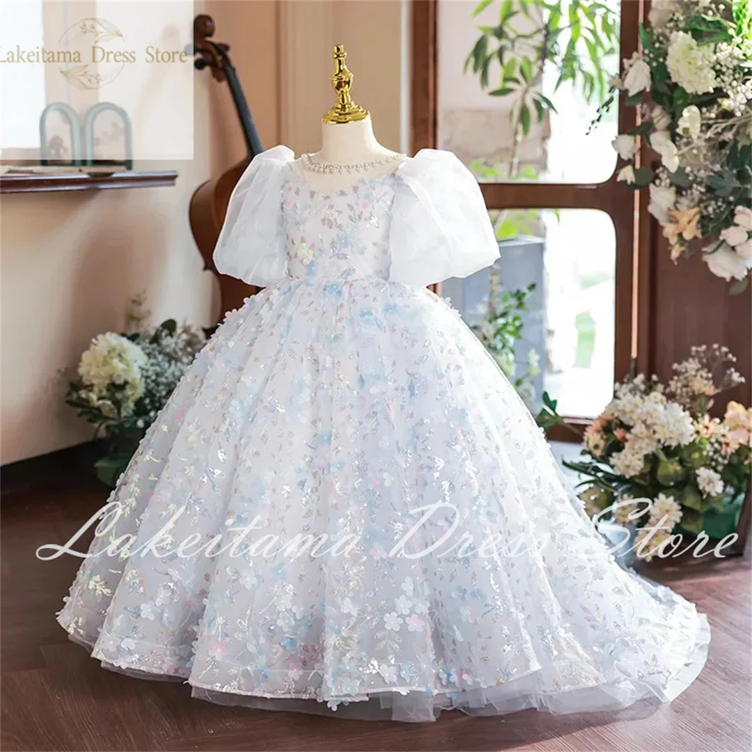 Vestidos de flores para niña, apliques de tul esponjoso blanco, encaje de boda, vestido de fiesta de cumpleaños de primera comunión, regalo para niña