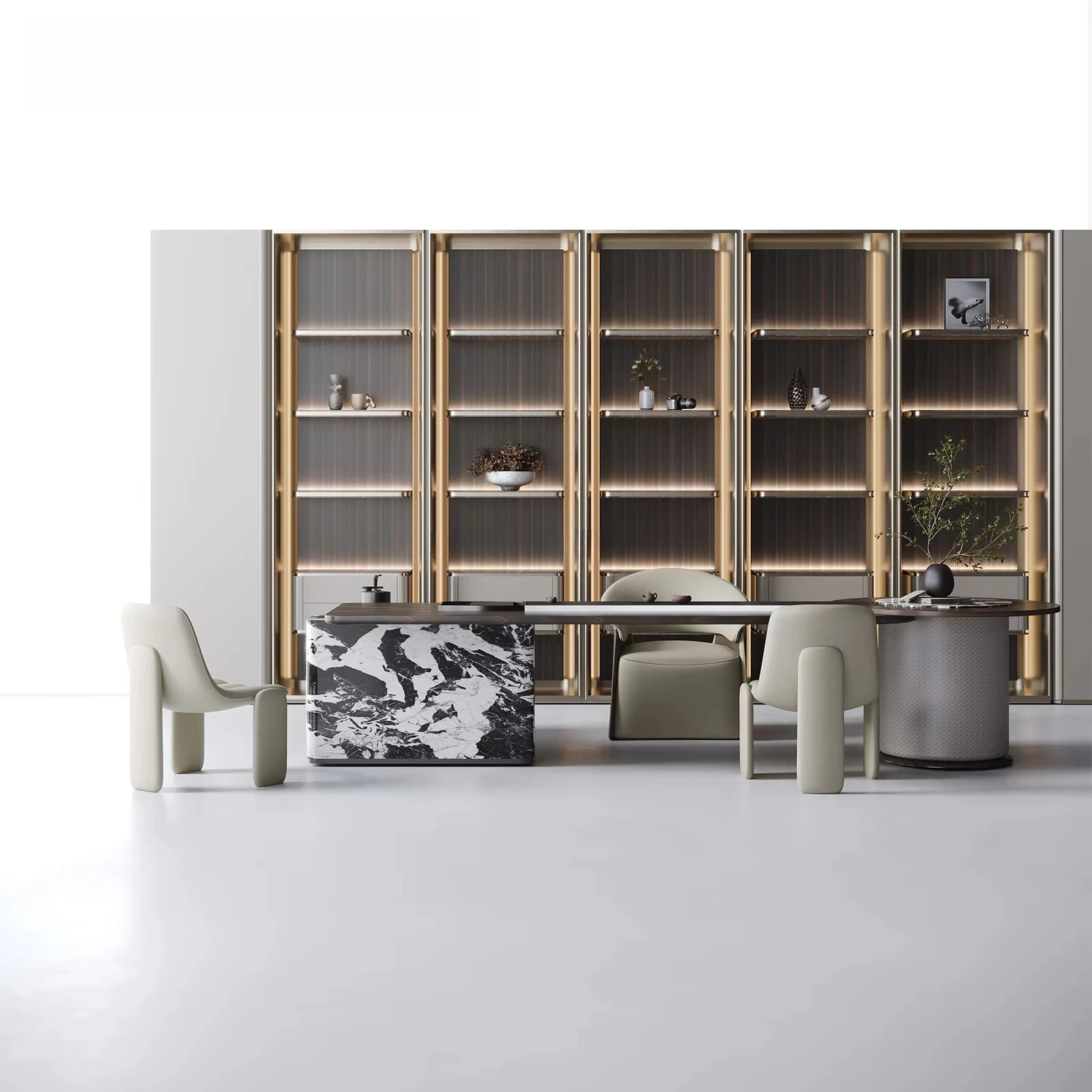 High-End Desk Modern Luxury Office Desk with Natural Marble & Solid Wood Top Mixed Stone Base for Boss Office