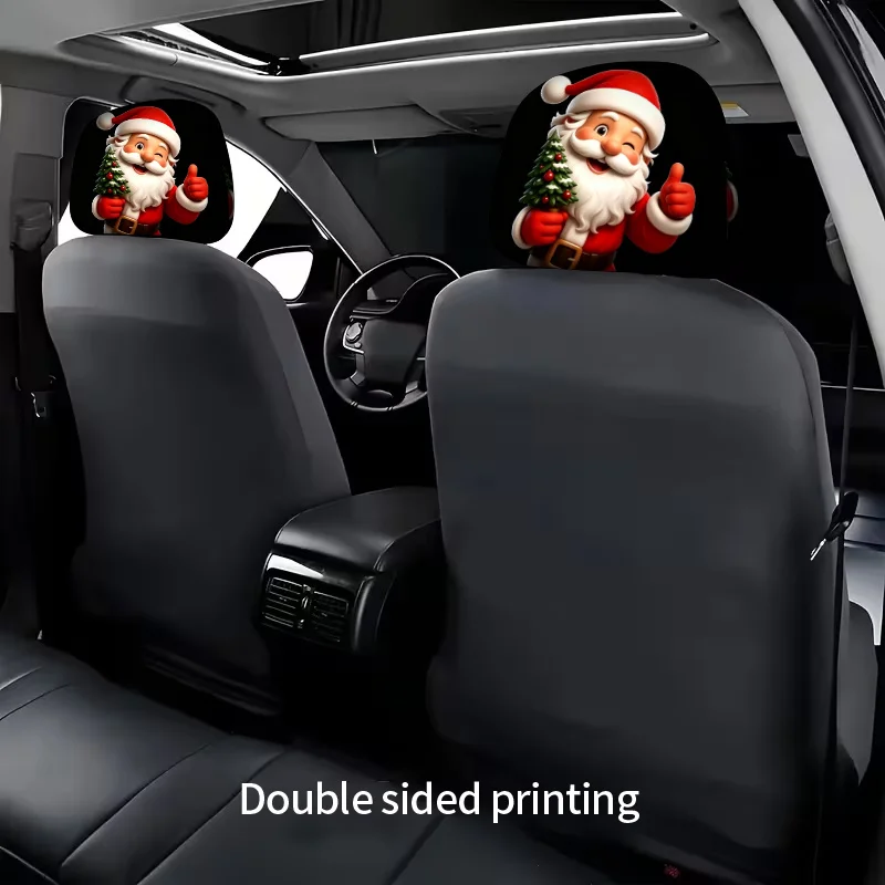 2Ps Santa Claus with Christmas Tree Car Headrest Covers, Festive Red White Design, Soft Comfortable, Holiday Decoration