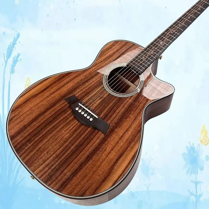 All Koa Wood K Style 24 Acoustic Guitar Dark Brown Natural Wood Color Solid Top Bone Nut & Saddle, Rosewood Fretboard Flower Inlays 20 Frets, 6-String, Ideal for Live Performances & Studio Recording Rich Mellow Bass Solo Specially Version Beginner Exquisi