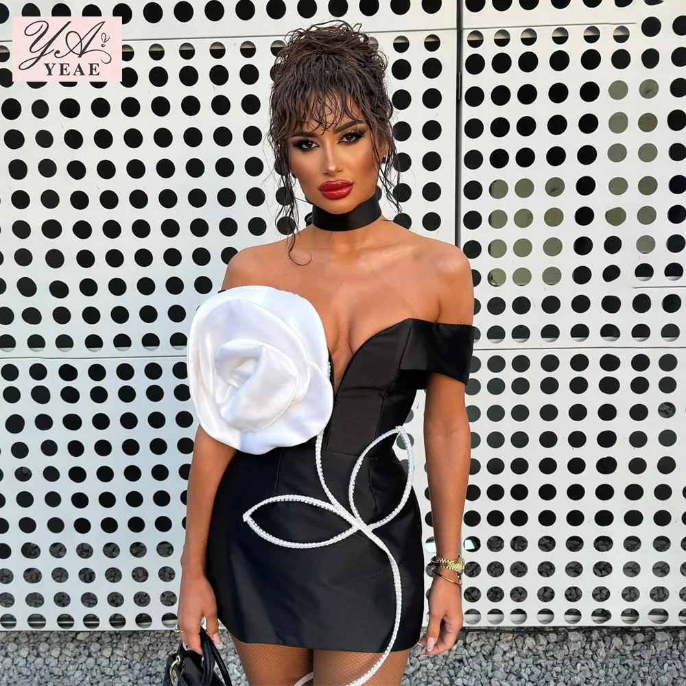 2024 New Women's High Quality Black and White Off Shoulder 3D Flower Tight Bandage Mini Dress Elegant Party Dress