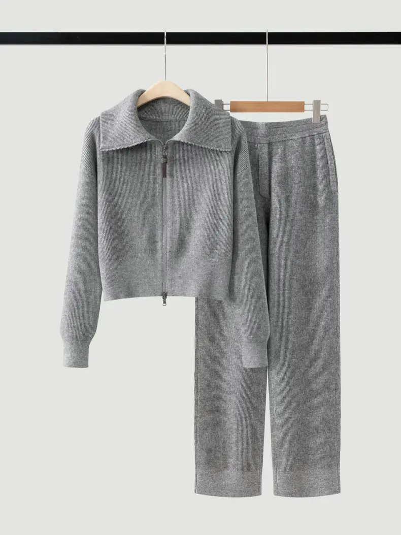 Women'S Cashmere Knit Set (Fall/Winter 2026): Collared Zip-Up Cropped Cardigan And Straight-Leg Trousers view 6