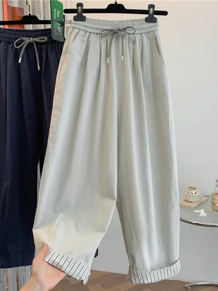 High Waist Wide Leg Balloon Pants Women's Summer Thin Color Block Cuffed Trousers Korean Style Cotton Blend Casual Pants