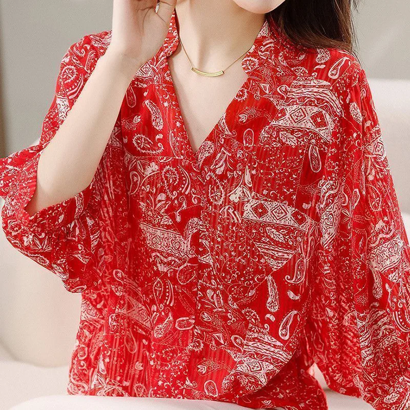 2024 New Summer Retro Loose Casual Aesthetic Office Lady Chinese Style Hollow Irregular Print V Neck Short Sleeve Chic Y2K Tops