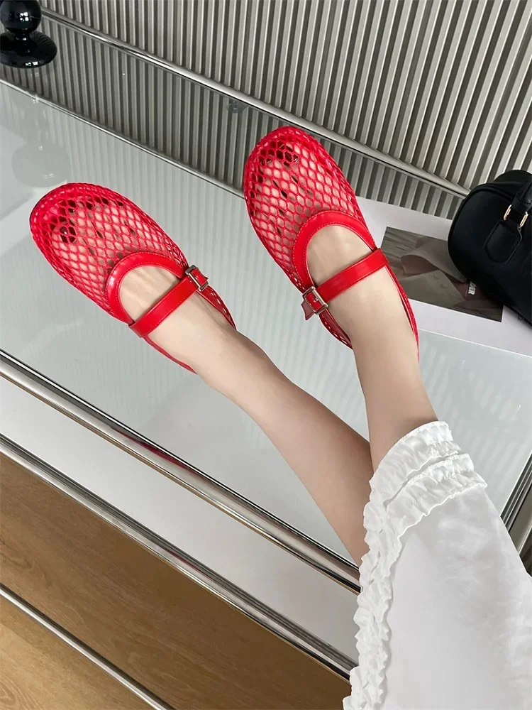 Eilyken Summer Designer Cosy Mesh Heels Women Flat Shoes Fashion Round Toe Buckle Strap Casual Outdoor Dress Sandals