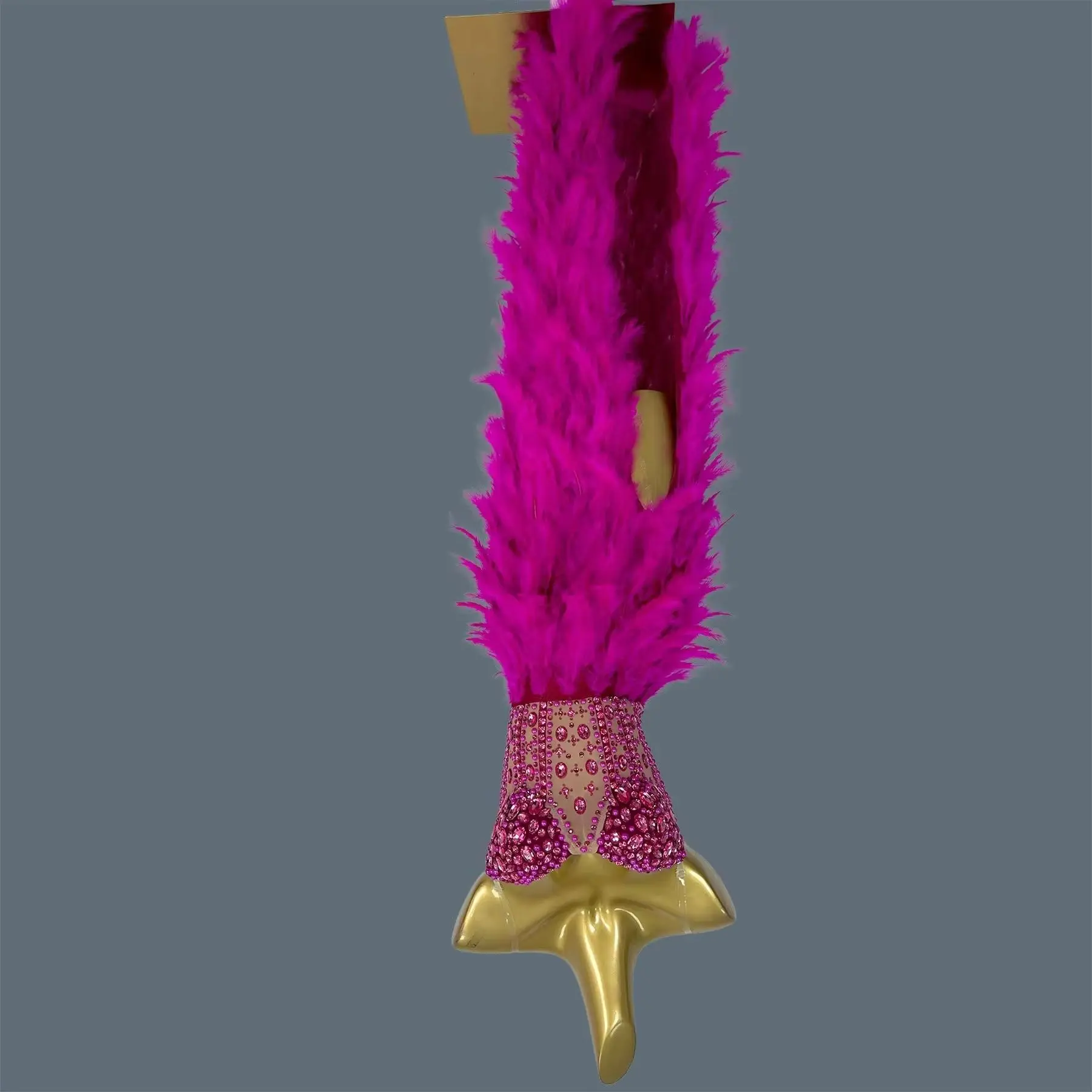 

Fuchsia Strapless Pink Rhinestone Mesh Maxi Gown High Side Slit Fluffy Feather Skirt Stage Performance Evening Dress Yumao