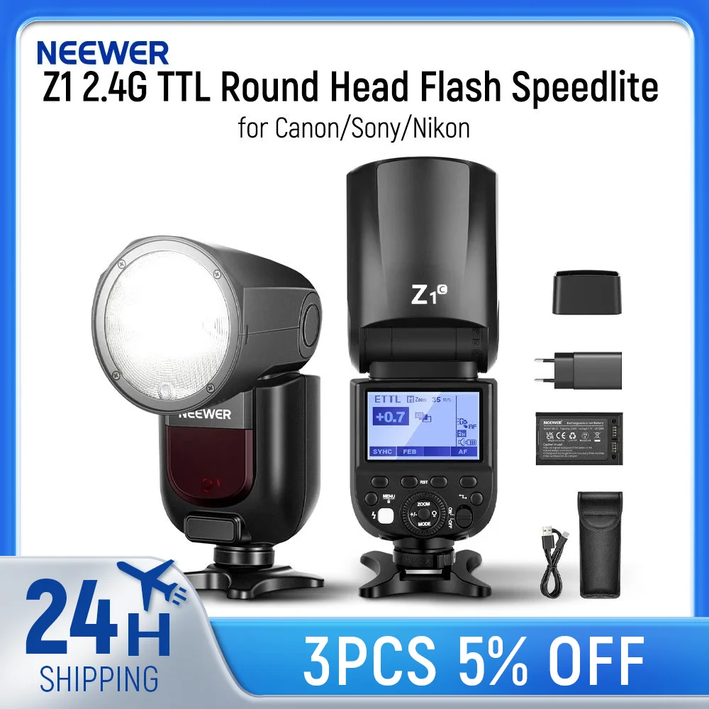 

NEEWER 2.4G TTL Round Head Flash Speedlite for Canon/Sony/Nikon Adjustable Modeling Lamps 2600mAh Battery Power Flash