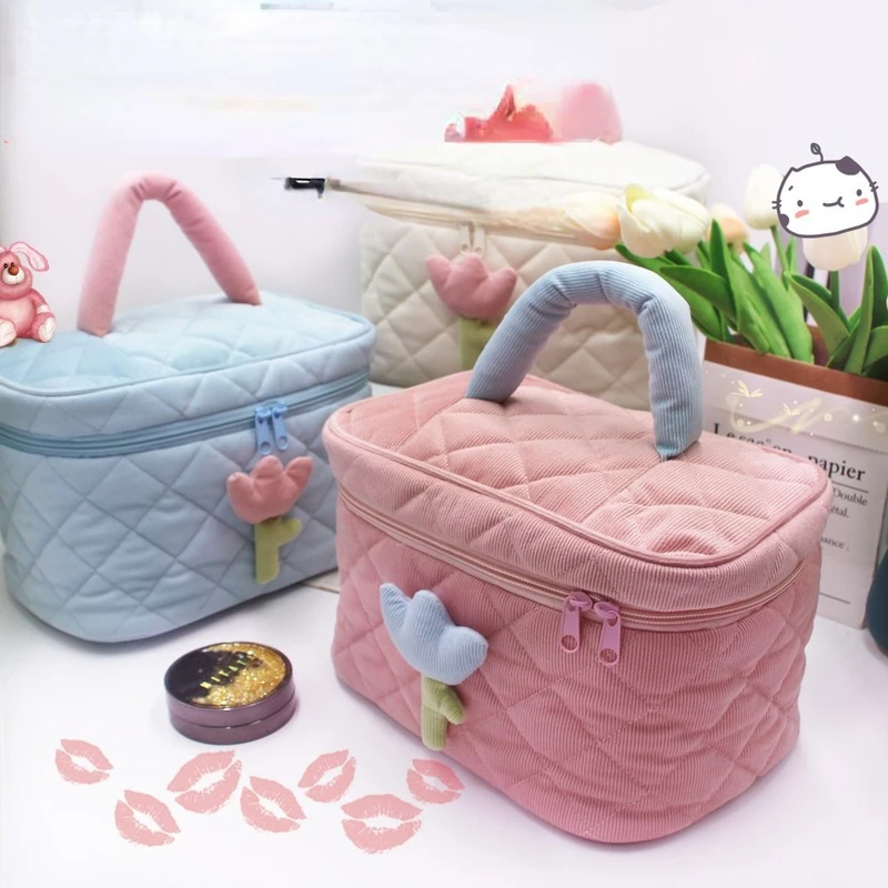 Corduroy Tulip Large Capacity Cute Cosmetic Bag Female Portable Toiletry Storage Bag