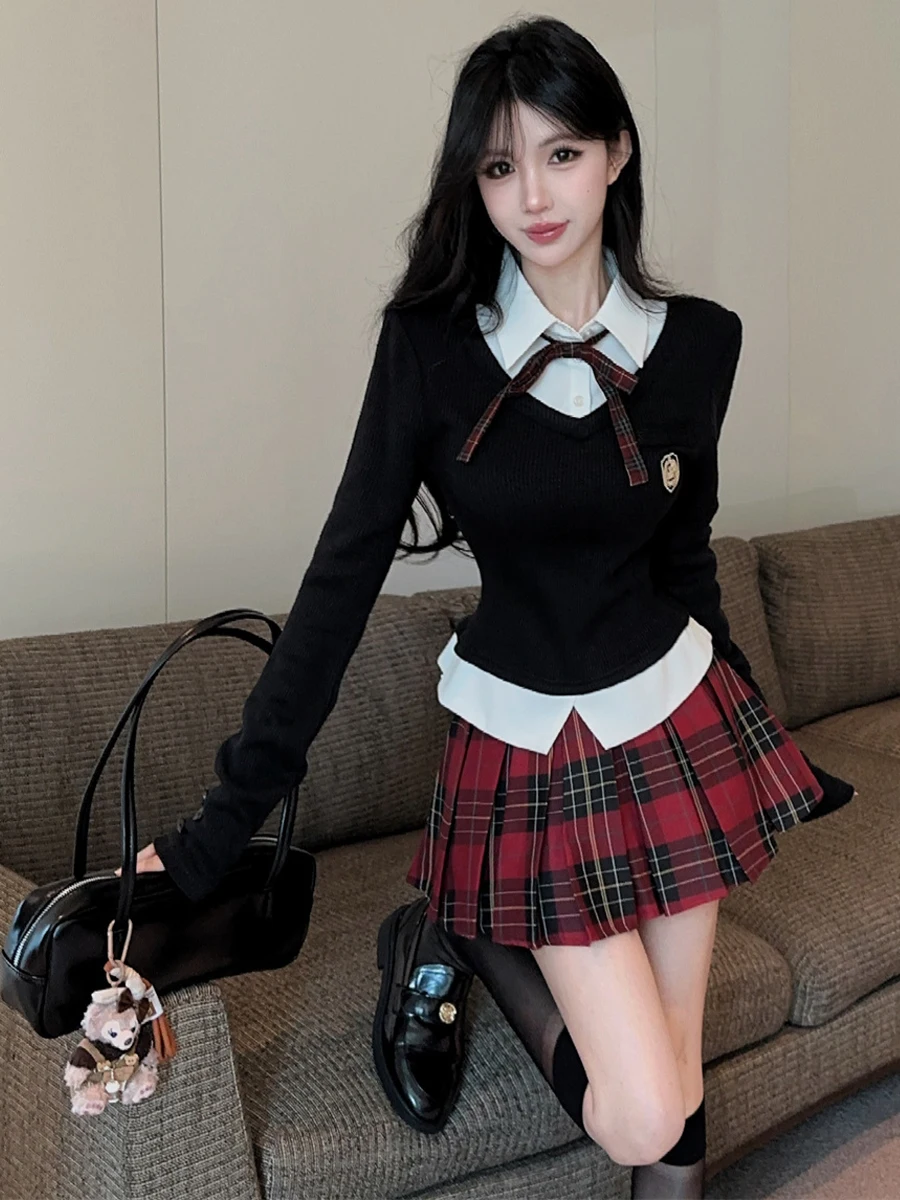 College Style Shirt Collar Color Block Long Sleeve Knitted Top High Waist Plaid Skirt Uniform Set Women's Fashion Ensemble