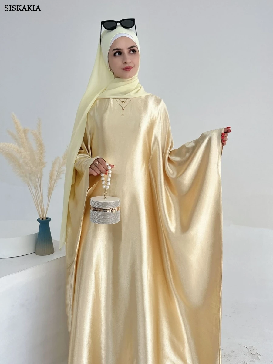 2.Siskakia New Batwing Sleeve Long Modest Dresses Women Solid Abayas Dubai Loose Polyester Kaftan 2025 view 2
