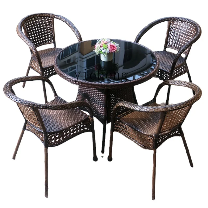 

Tqh Outdoor Balcony Table and Chair Rattan Chair Three-Piece Outdoor Courtyard Rattan Chair Small Tea Table