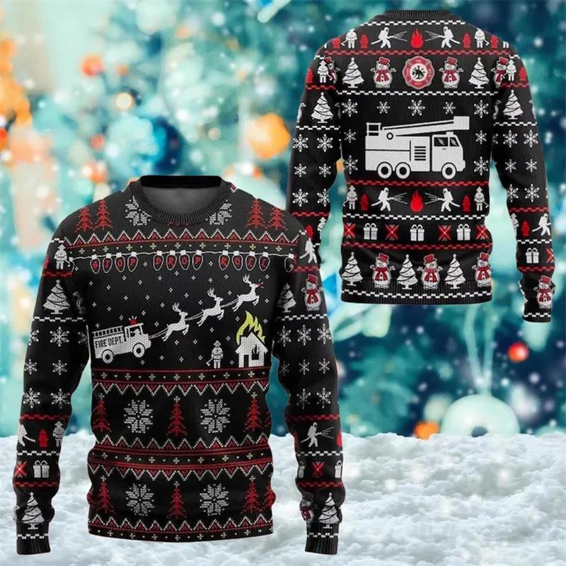 

Firefighter Fire truck Ugly Christmas Sweater Fashion Trend Holiday Xmas 3D Printed Sweatshirt For Men Loose Streetwear Pullover