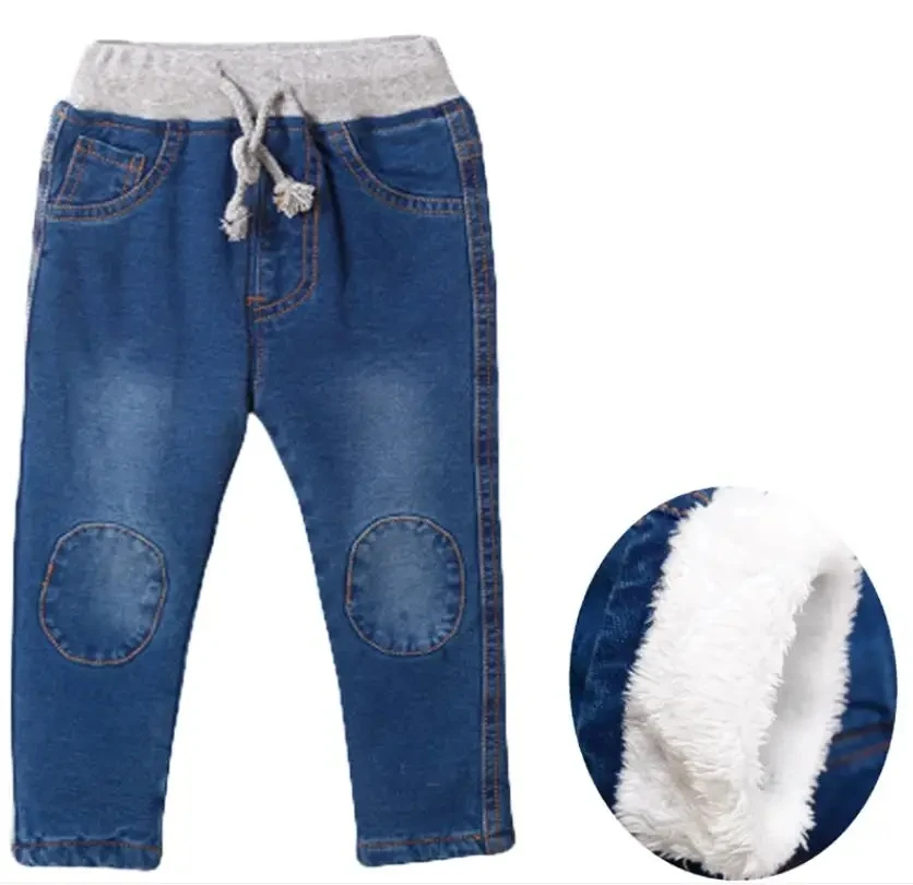 2024new Boys leisure Jeans Winter Children patch Thermal Cotton-padded Trousers Kids Thicken Plus Velvet Denim Pants2-6Y