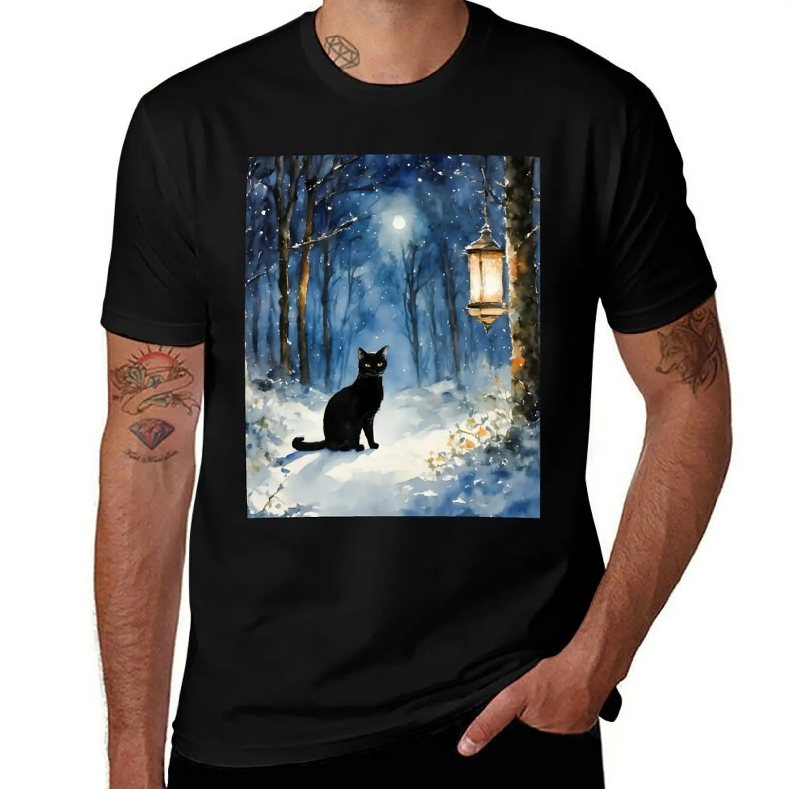 Midnight Black Cat in a Winter Forest at Twilight T-Shirt t shirt man cotton T-Shirt