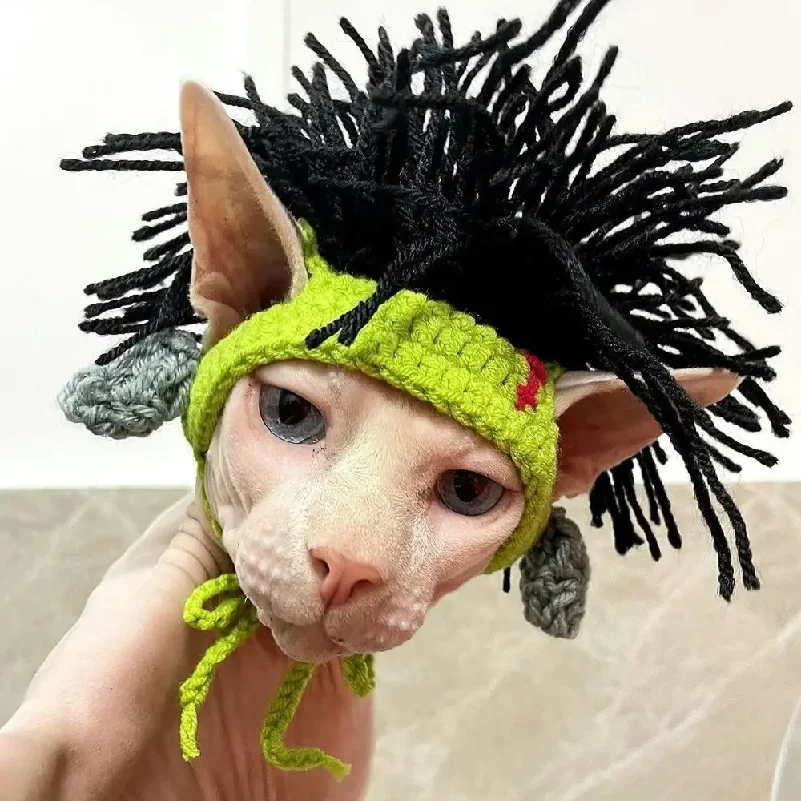 

New Funny Cat Hat Knitted Elastic Pet Hat for Cosplay Costume Adjustable Cat Cap Hairless Cats аксесуары для собак