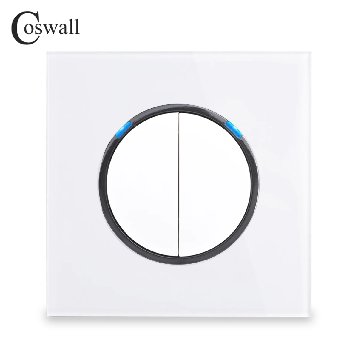 Coswall Crystal Tempered Glass Panel 2 Gang 1 Way Random Click Push On / Off Wall Light Switch With Blue Backlight R11 Series