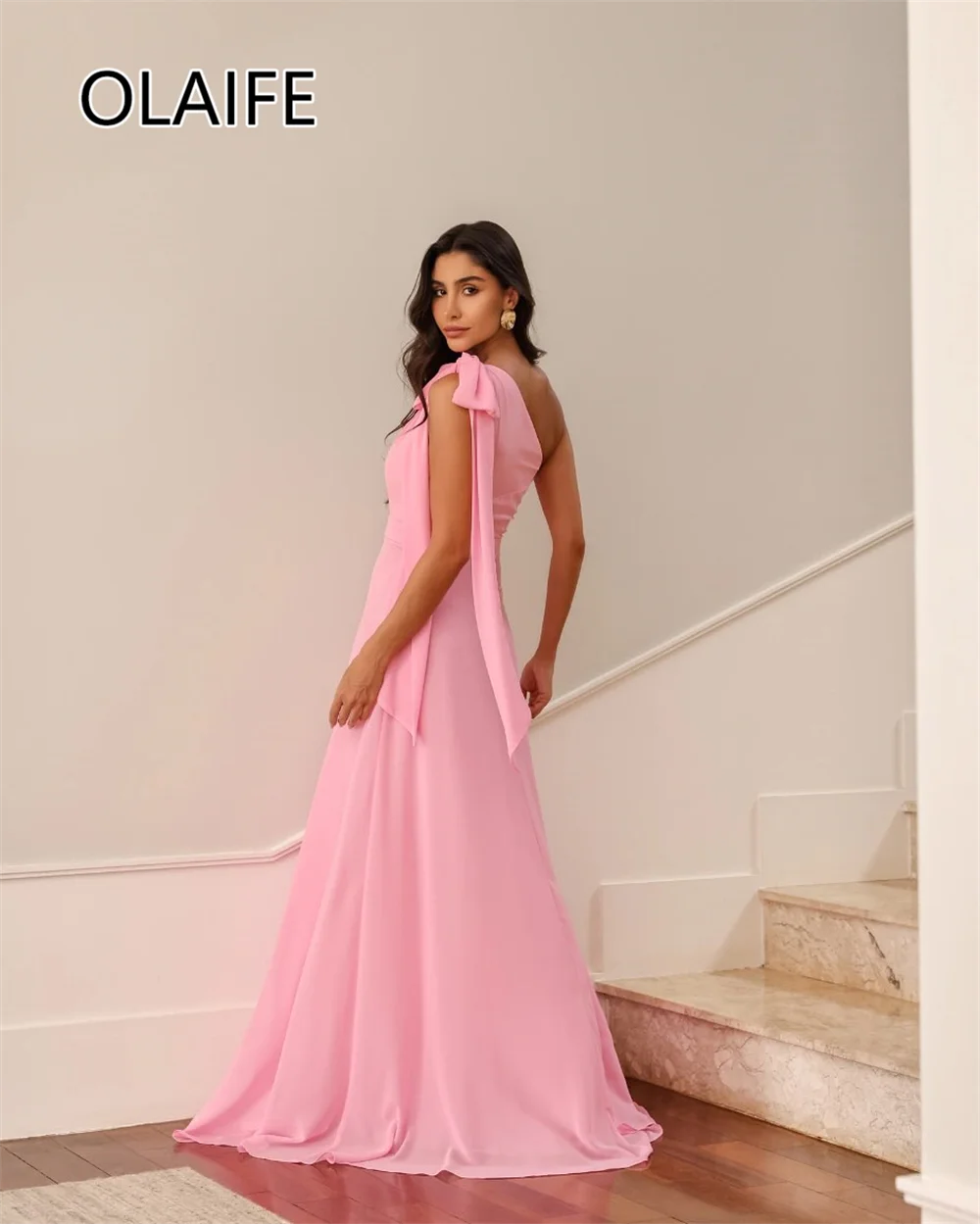 Chic One Shoulder Chiffon Formal Flowing Evening Dress A-line Side Slit Ruffles Prom Bridesmaid Gown with Court Customized