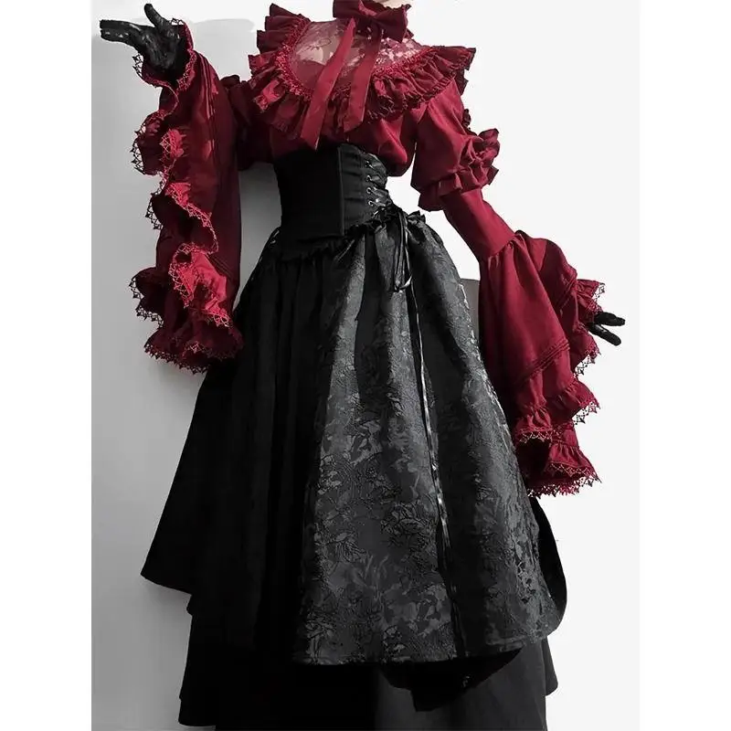 European Dress, Dark Gothic Style Lolita Shirt, Fishbone Half Skirt, Silk Sleeve Set, Lolita Elegant and Gorgeous Two-piece Set