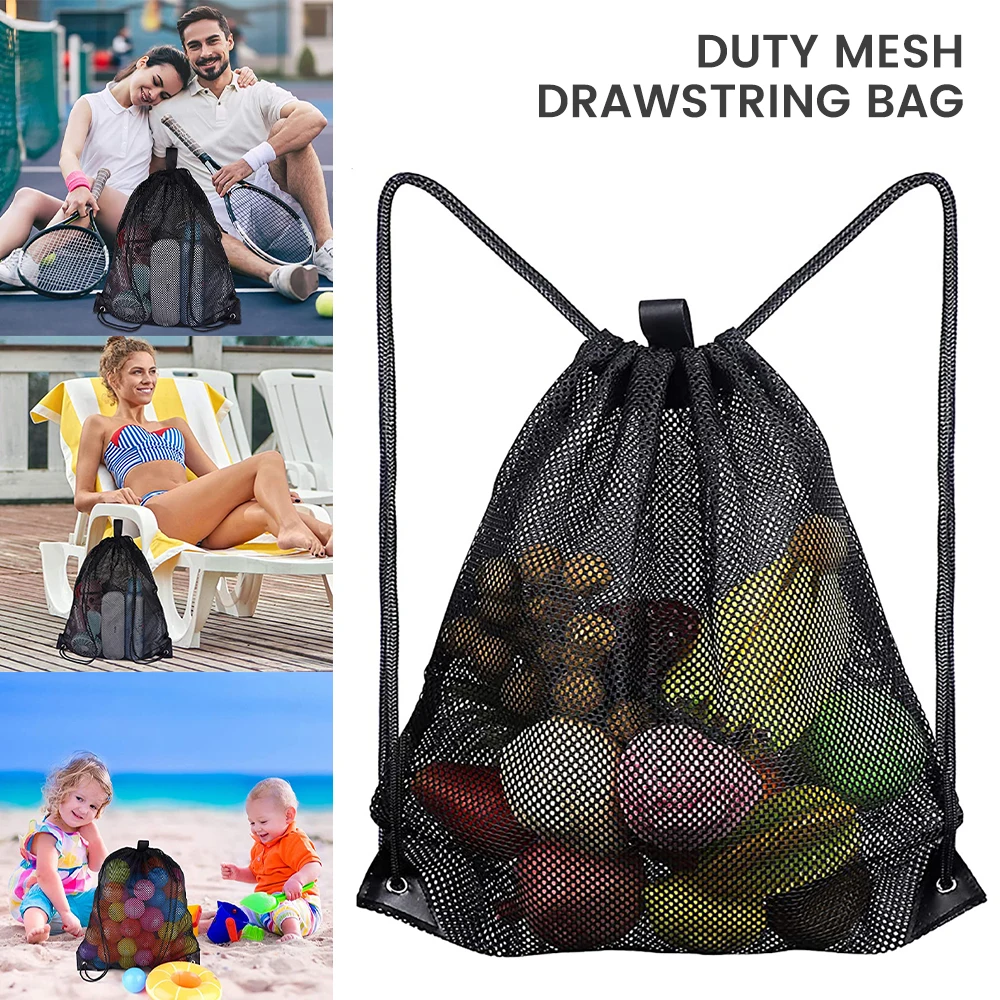 Mesh Drawstring Bag Backpack Black Mesh Bags Heavy Duty Soccer Ball Net Bag Equipment Bag for Gym, Beach, Swimming Gears