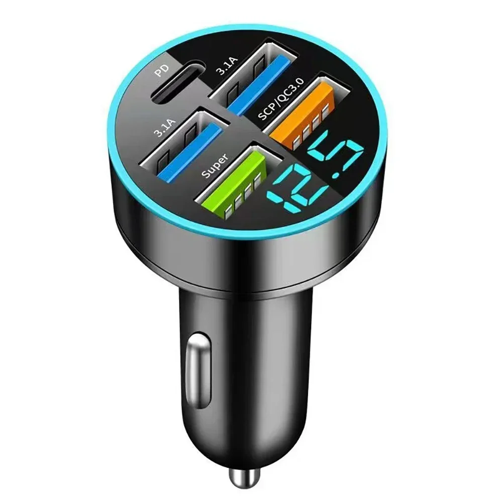 Multi-port Car Charger 15.5W 4USB Car Charger Type-C Digital Display Car Charger Power Adapter 5V 3.1A With Voltage Detection