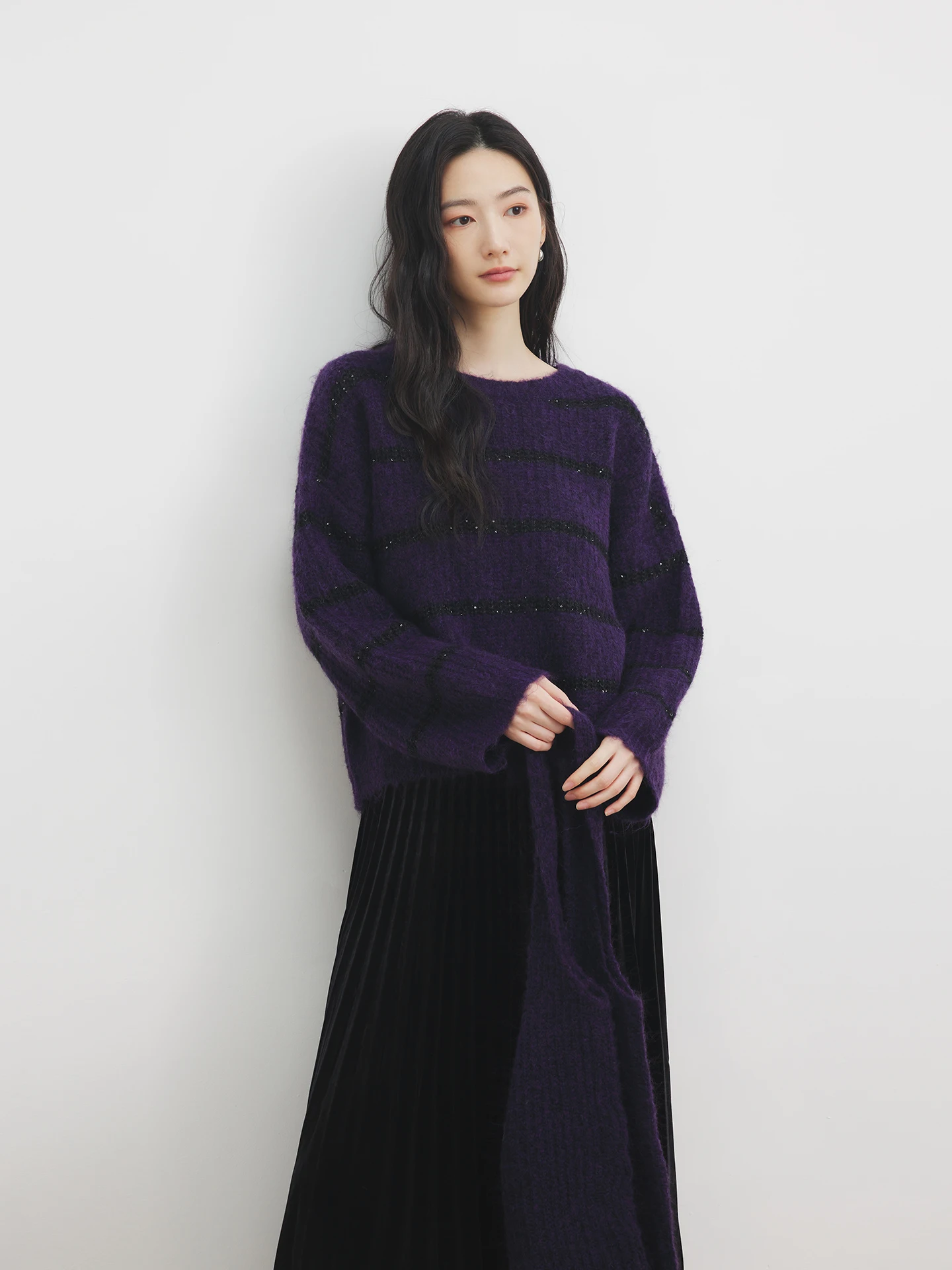 

Annata Woolen Purple round Ne Sweater Women's Loose Knitted Top Commute Sle Autumn Winter Warm Long Sve Striped Knitwear