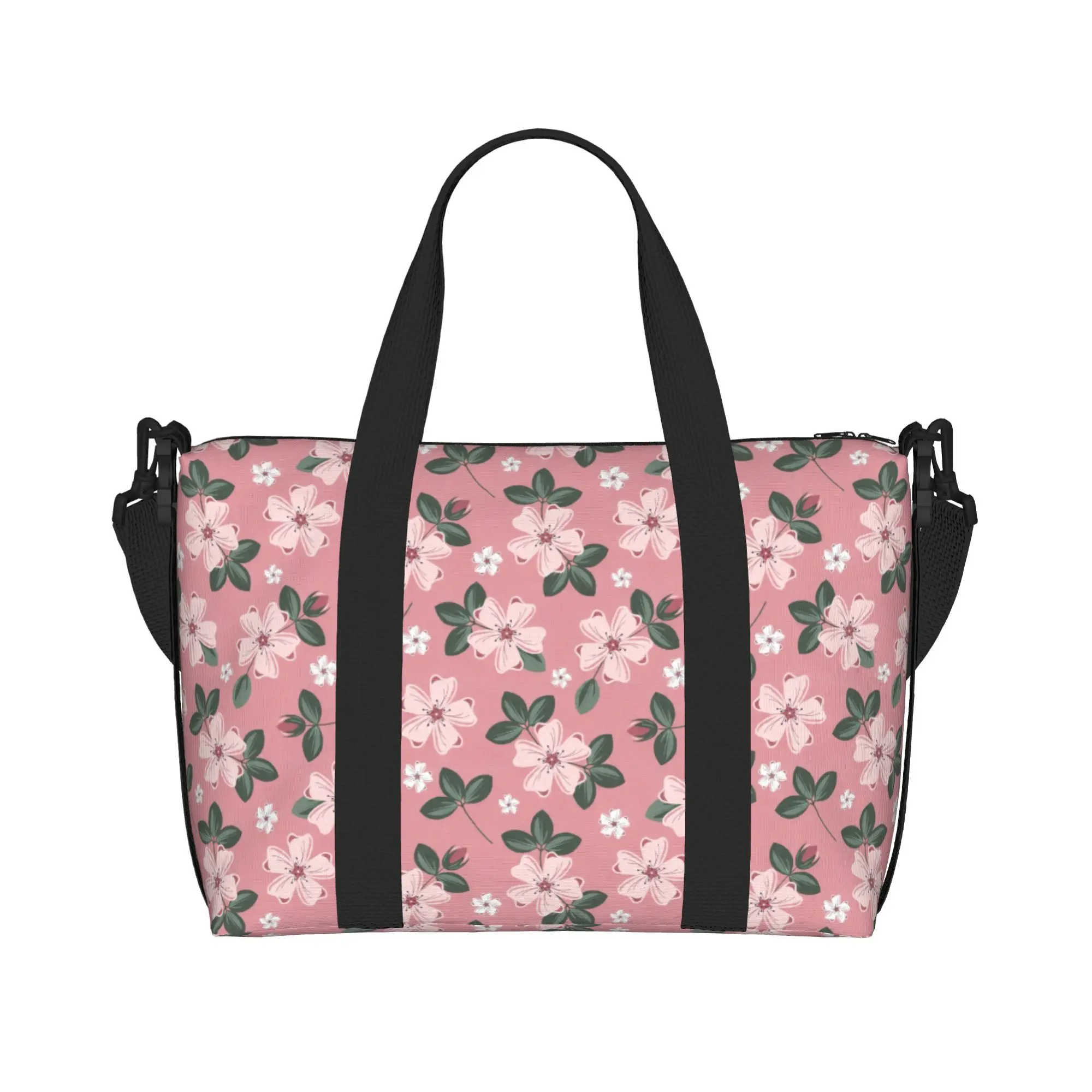 Custom Cherry Blossom Floral on Pink  Beach Tote Bag Women Japane Flower Big Compartment Beach Gym Travel Bags