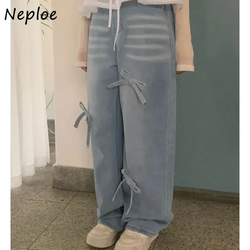 Neploe Three-Dimensional Bow Decoration Trousers Femme 2024 Autumn Winter Straight Tube Sweet E-Girls Y2K Loose Casual Jeans