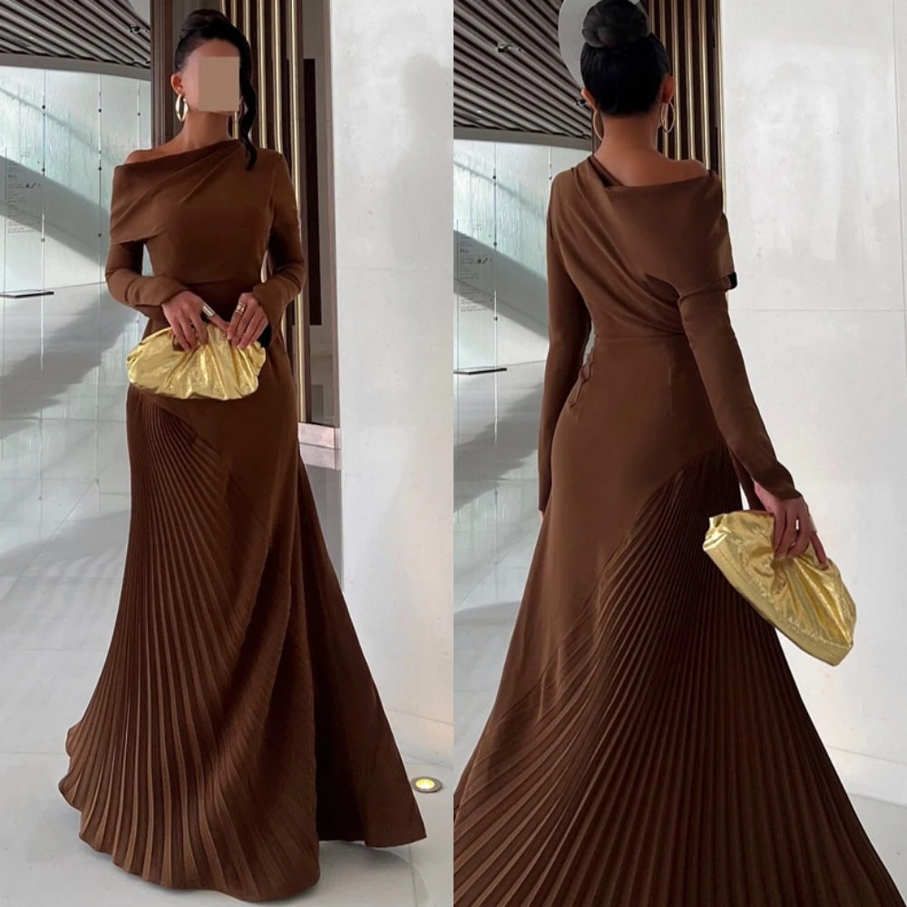 

Customized Fashion Jersey Evening Dress Fashion Sweep Train O-Neck Prom Dresses Delicate Long Sleeves Special Occasion Gowns