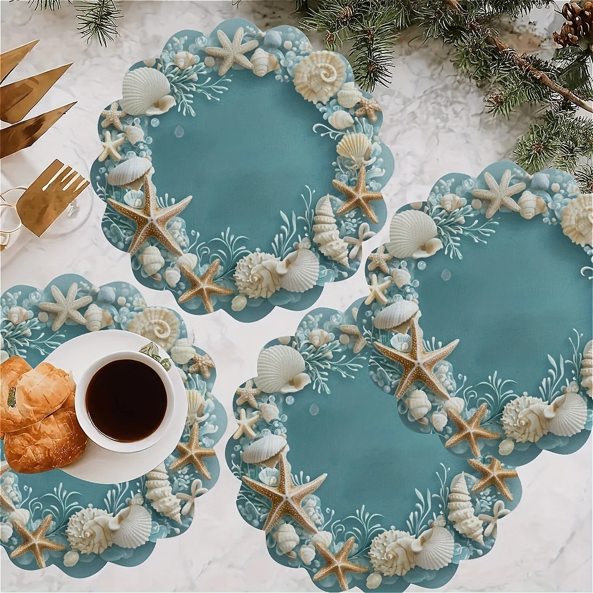 VIKAMA 4/6/8/10PC Wind Mahlzeit Matte Seestern Shell Welle Rand Rund Anti Wärme Matte Esstisch Thema Restaurant Dekoration