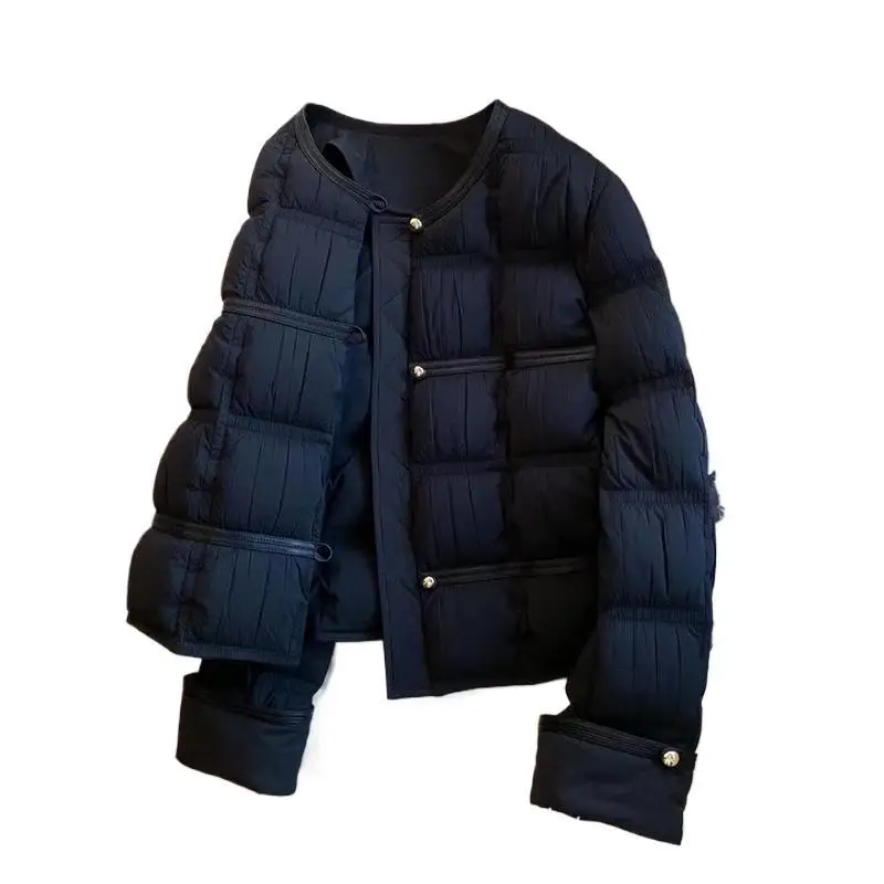 

Korean Style New Black Diamond Pattern Thickened Winter Cotton Jacket Women's Loose Coat Classic Style Long Sleeve Round Neck