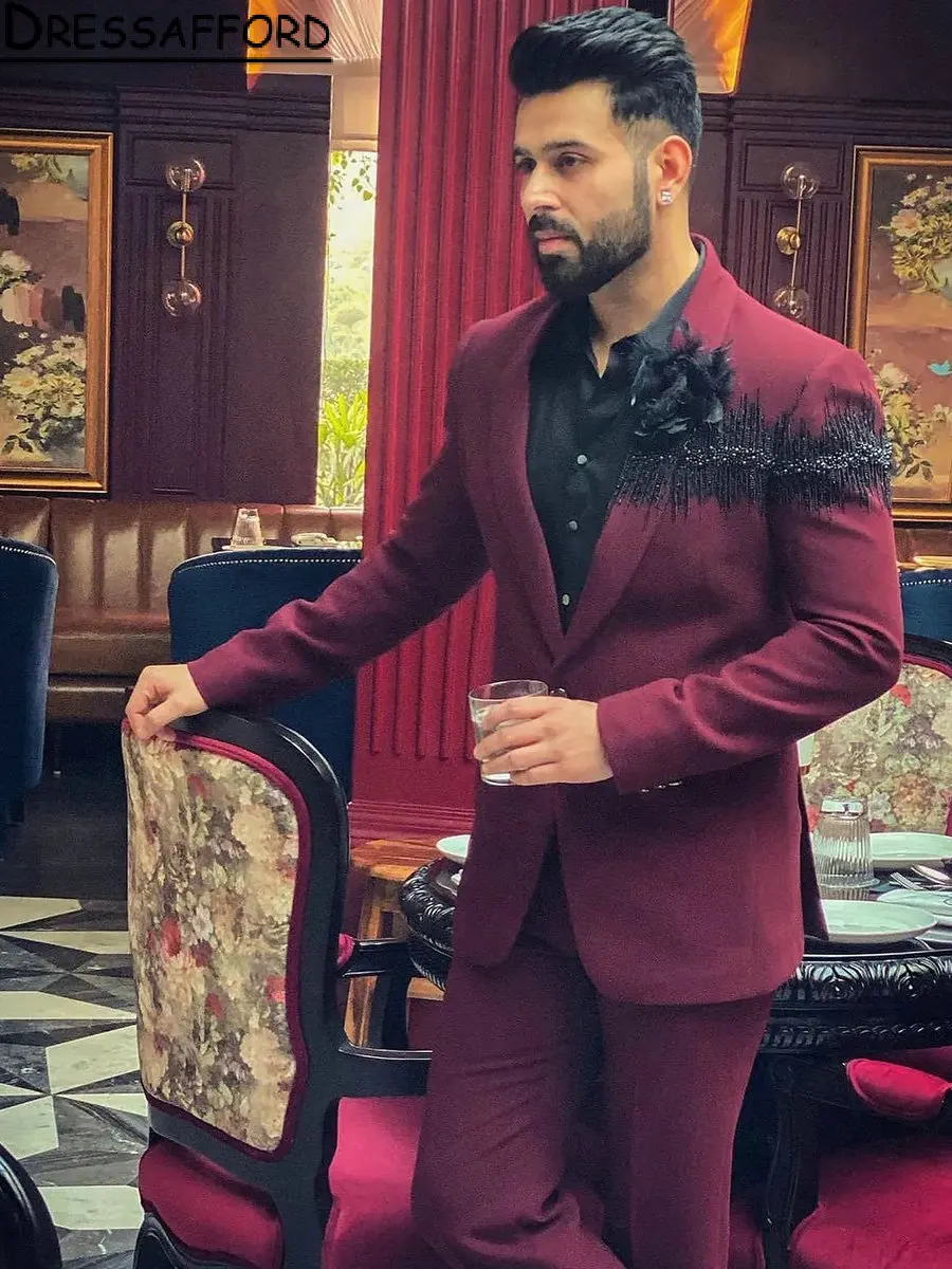 

Dark Red Two Pieces Men Suits Beading Crystal Man Blazer(Jacket+Pants)