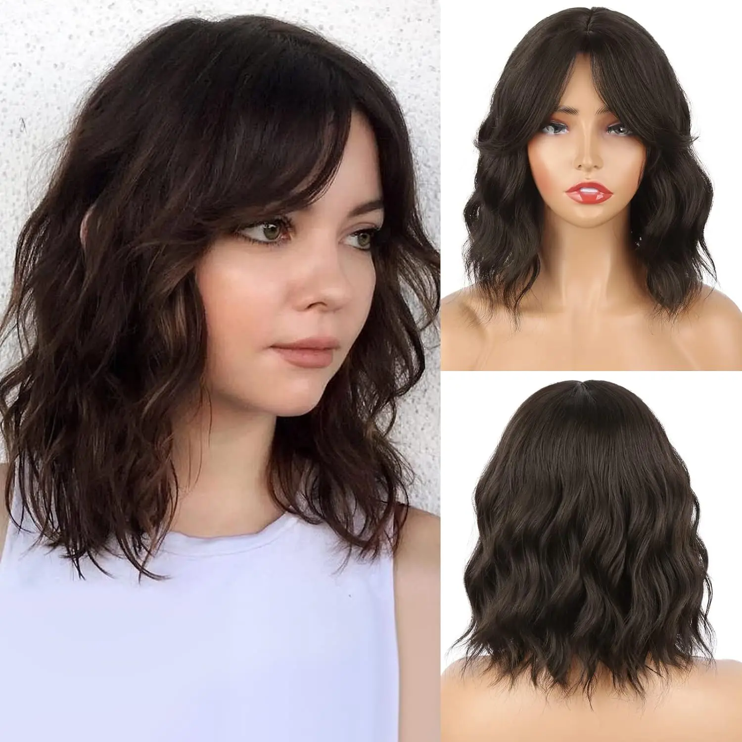 Dark Brown Wavy Bob Synthetic Wigs with Curtain Bangs for Black Women Synthetic with Bangs Shoulder Length Wig for Daily Use