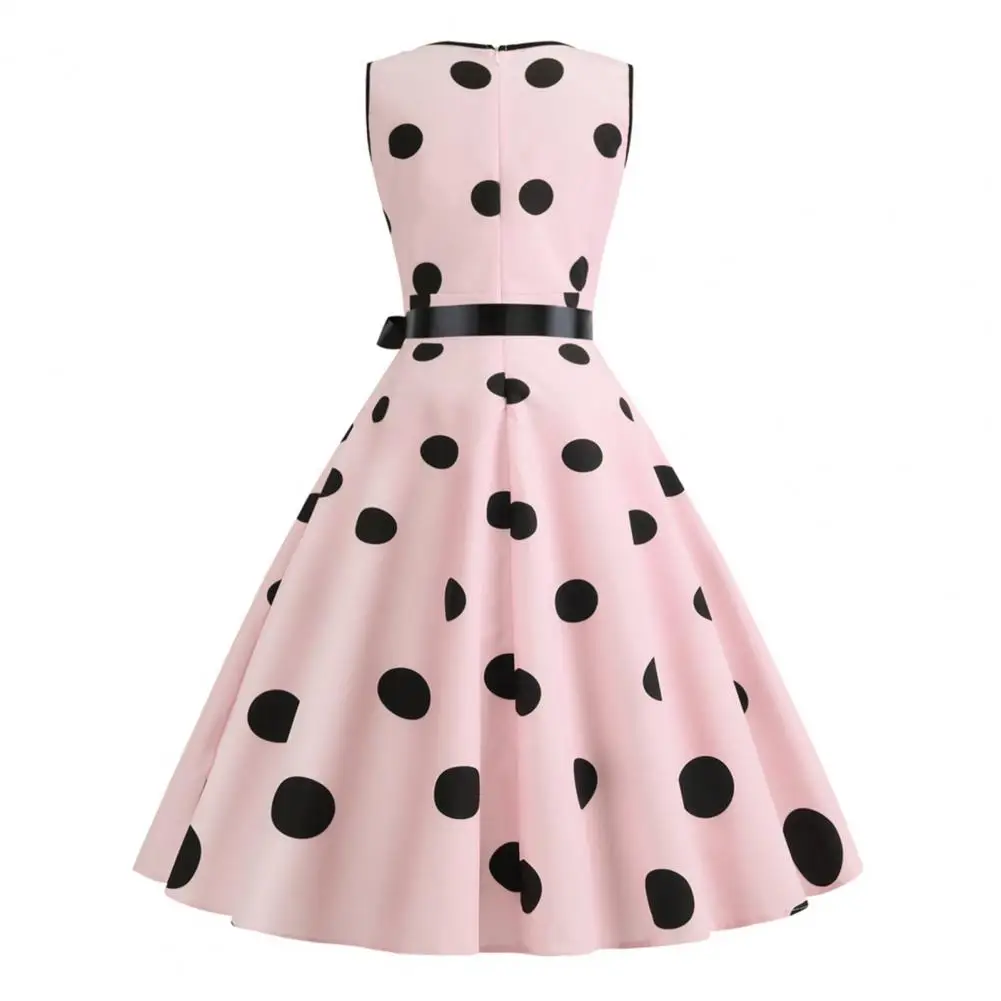 Dot Print Dress Elegant Vintage Princess Style Evening Dress with Contrast Color Dot Print Bow Waist A-line Big Swing for Women