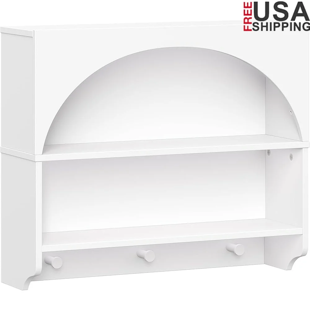 

Arched Wall Mount Entryway Storage Shelf with 3 Hooks and 2 Shelves Heavy Duty Organizer Coats Bags Keys Home Decor